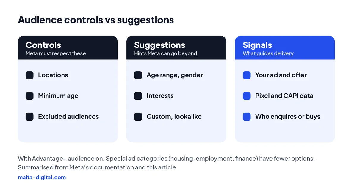 Diagram comparing audience controls, which Meta must respect, with audience suggestions, which Meta can go beyond, and the signals that guide delivery