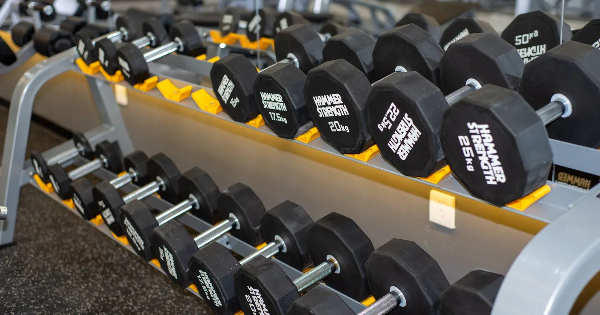 Rows of black dumbbells on a yellow and grey rack in a bright gym
