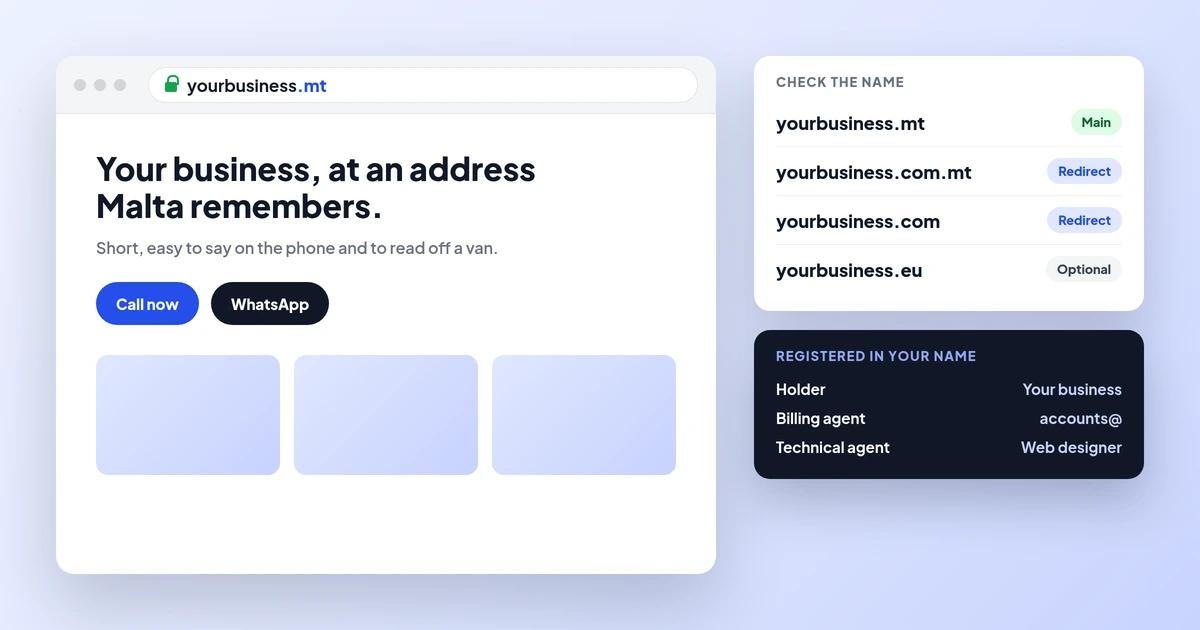 Illustration of a business website at yourbusiness.mt, beside a name check listing .mt, .com.mt, .com and .eu, and a card showing the domain registered in the business’s name