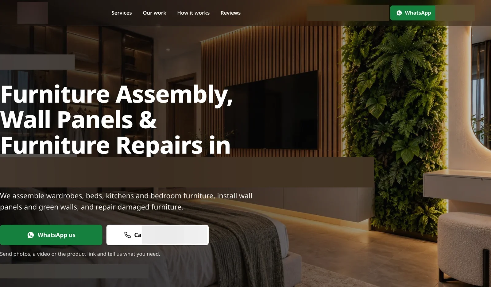 The new website homepage with WhatsApp and call buttons.