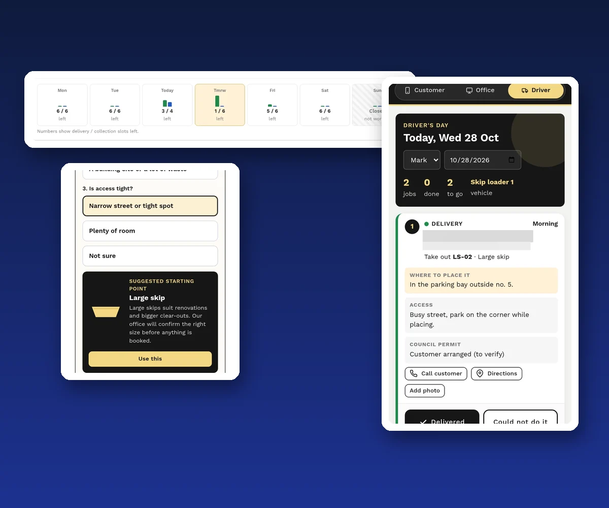 Screens from the skip hire system: weekly delivery capacity, skip size helper and the driver’s day.