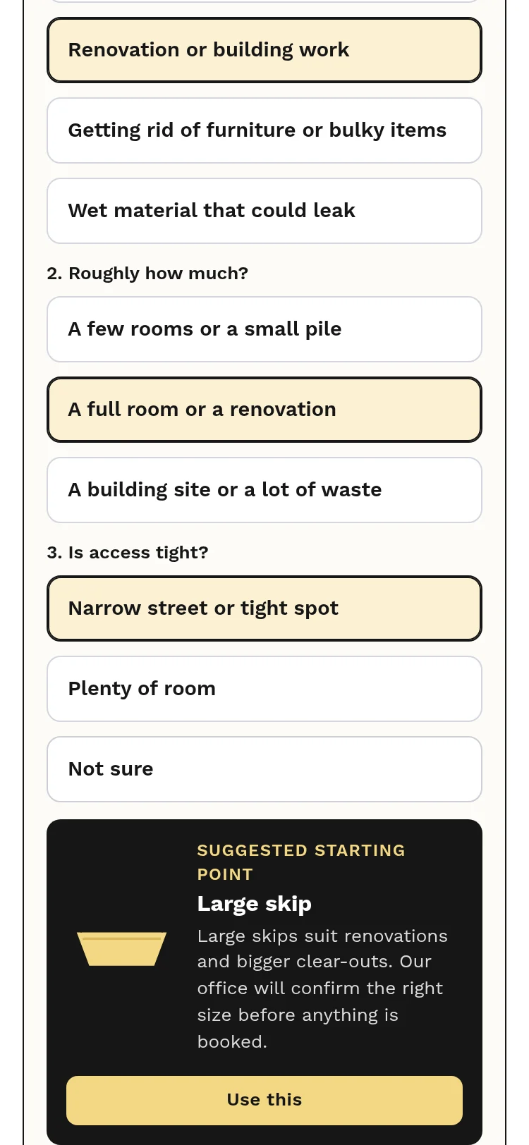 Skip size helper questions and suggestion.