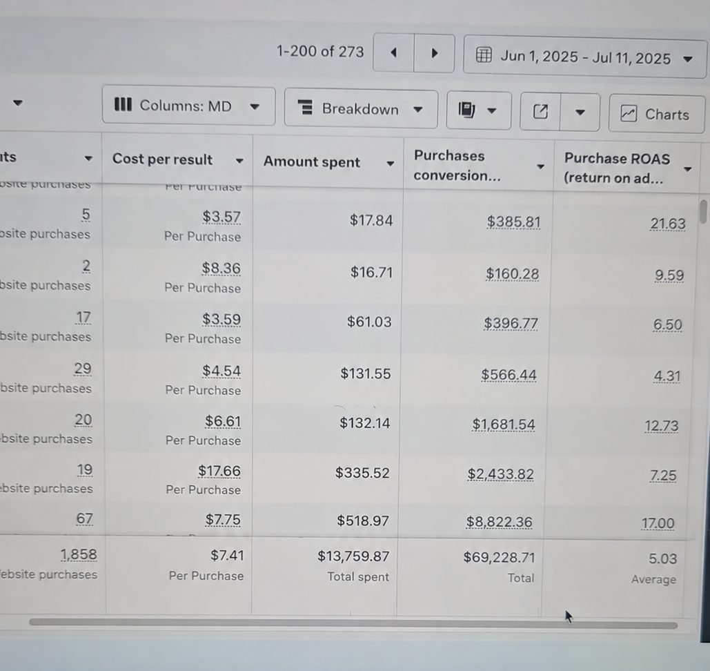 Meta Ads Manager screenshot: 1,858 website purchases · 5.03× average ROAS