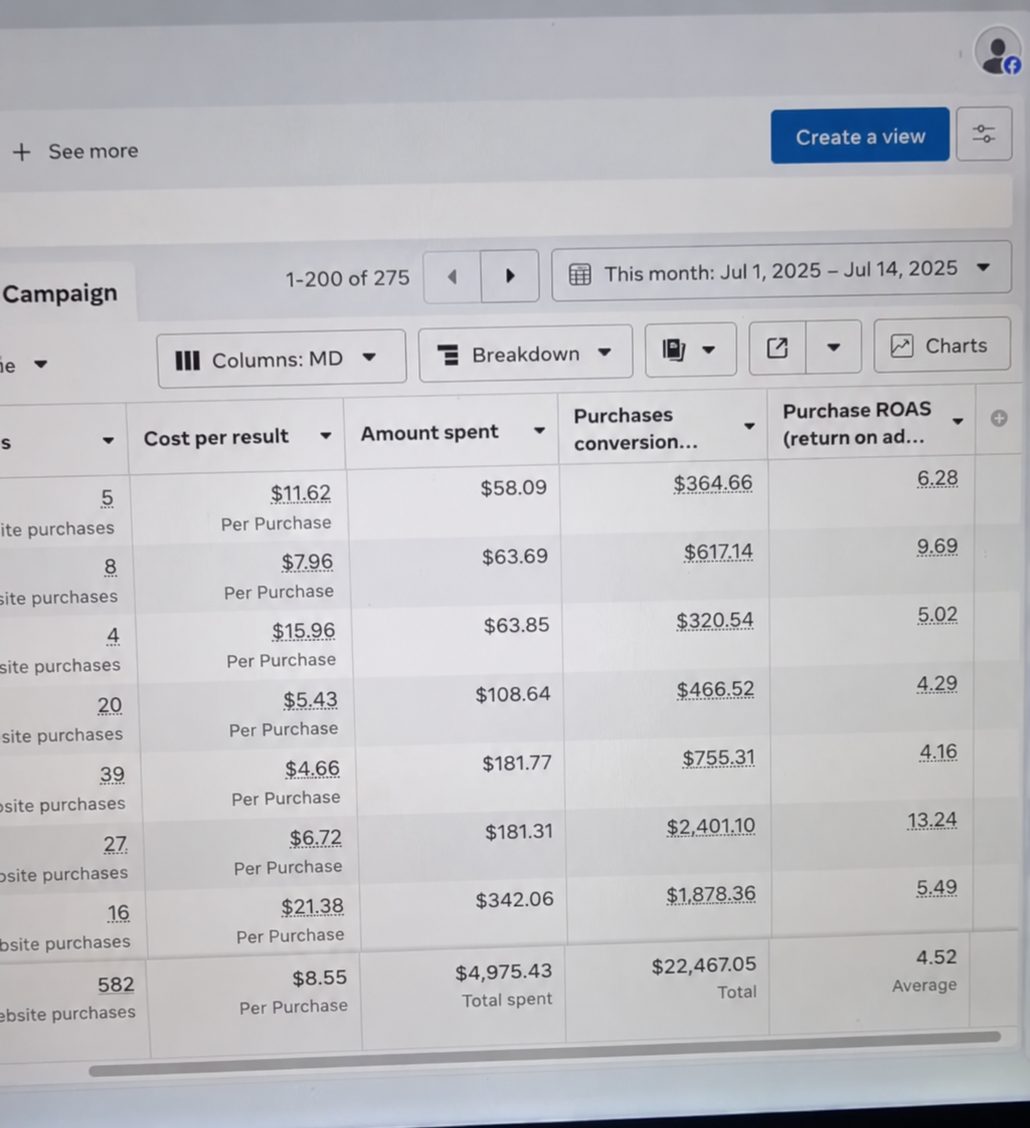 Meta Ads Manager screenshot: 582 website purchases · 4.52× average ROAS