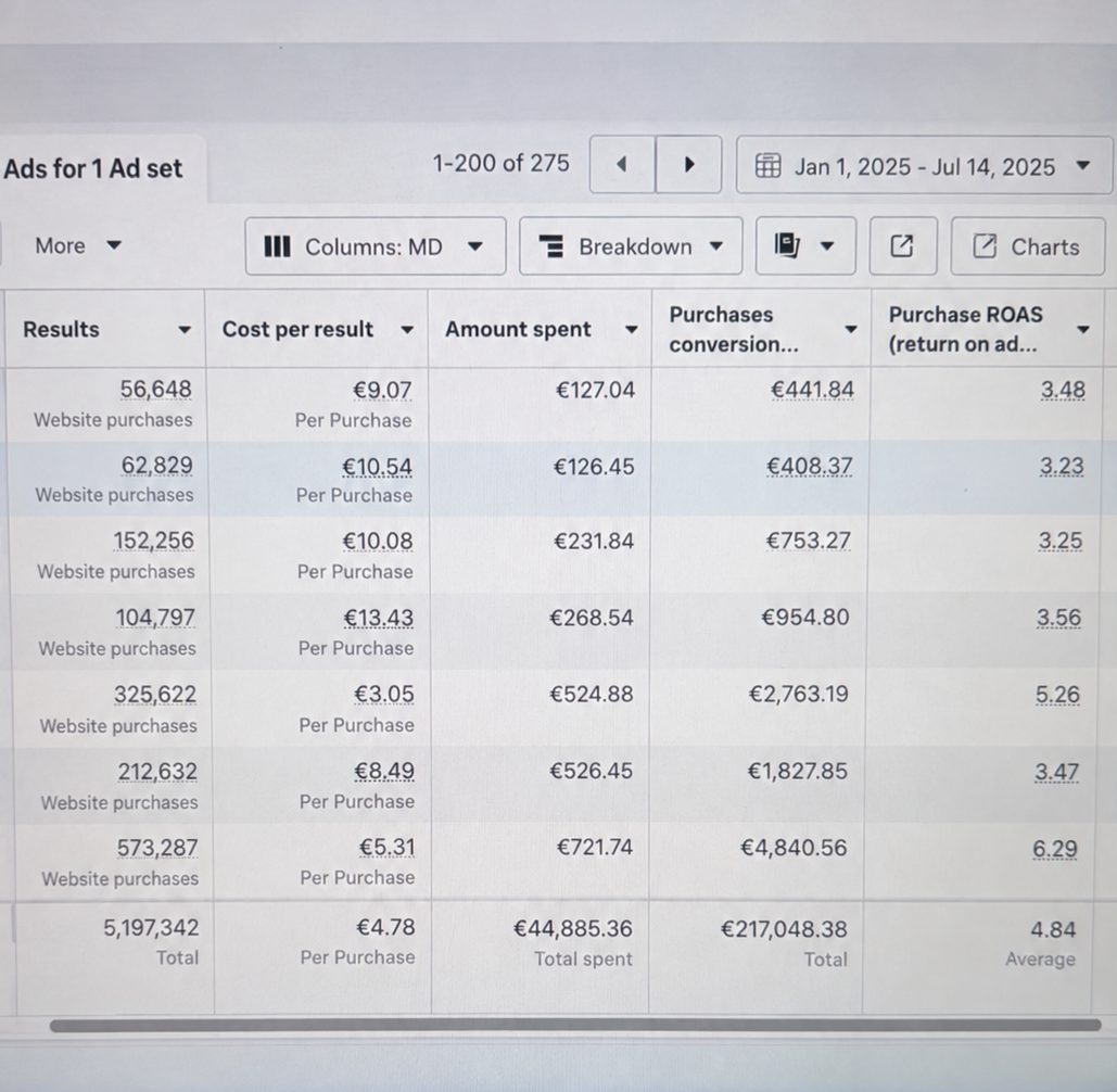 Meta Ads Manager screenshot: €217,048.38 results value · 4.84× average ROAS