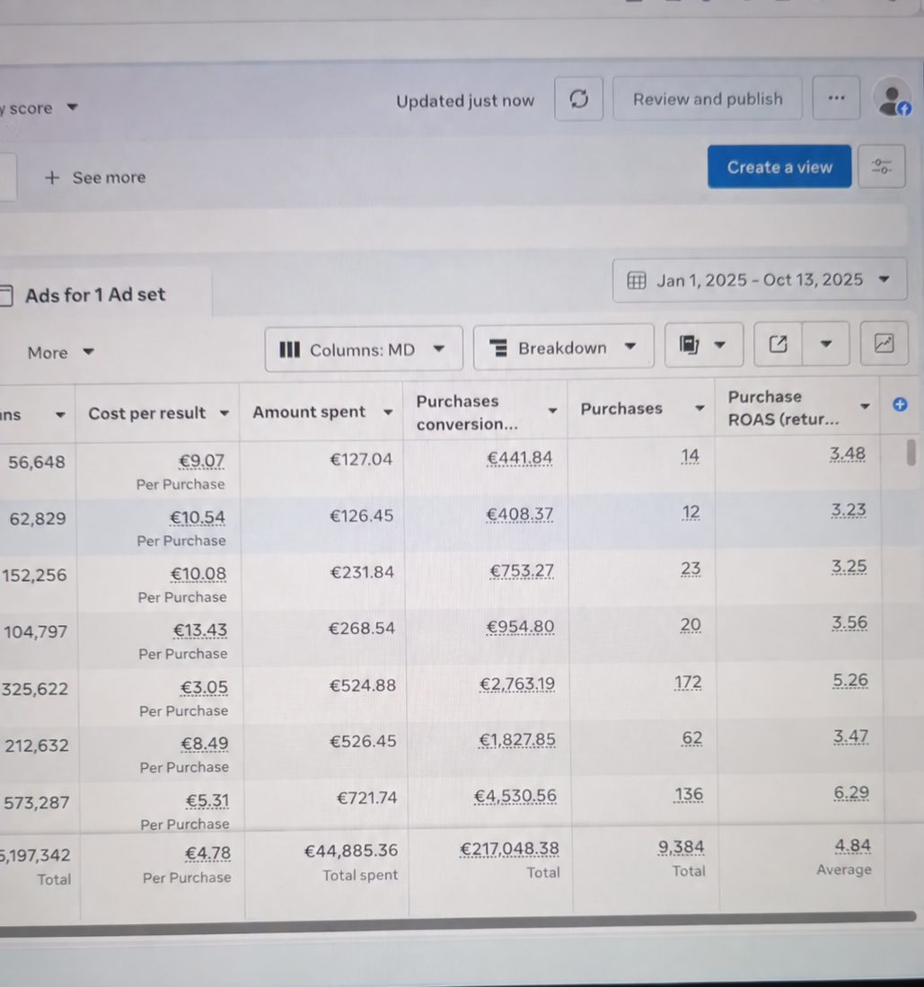 Meta Ads Manager screenshot: 9,384 purchases · 4.84× average ROAS