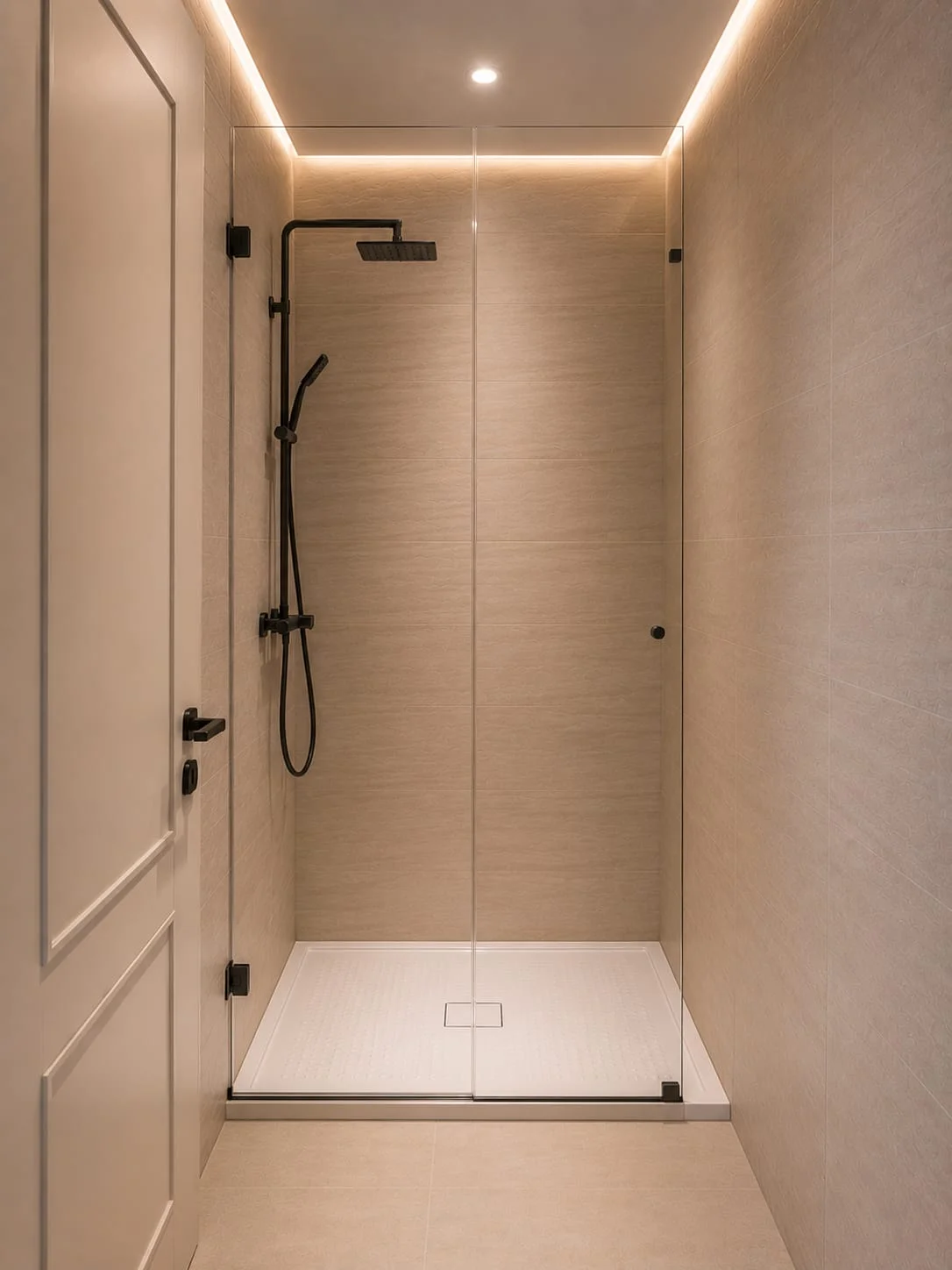 Completed walk-in shower with glass screen and LED cove lighting