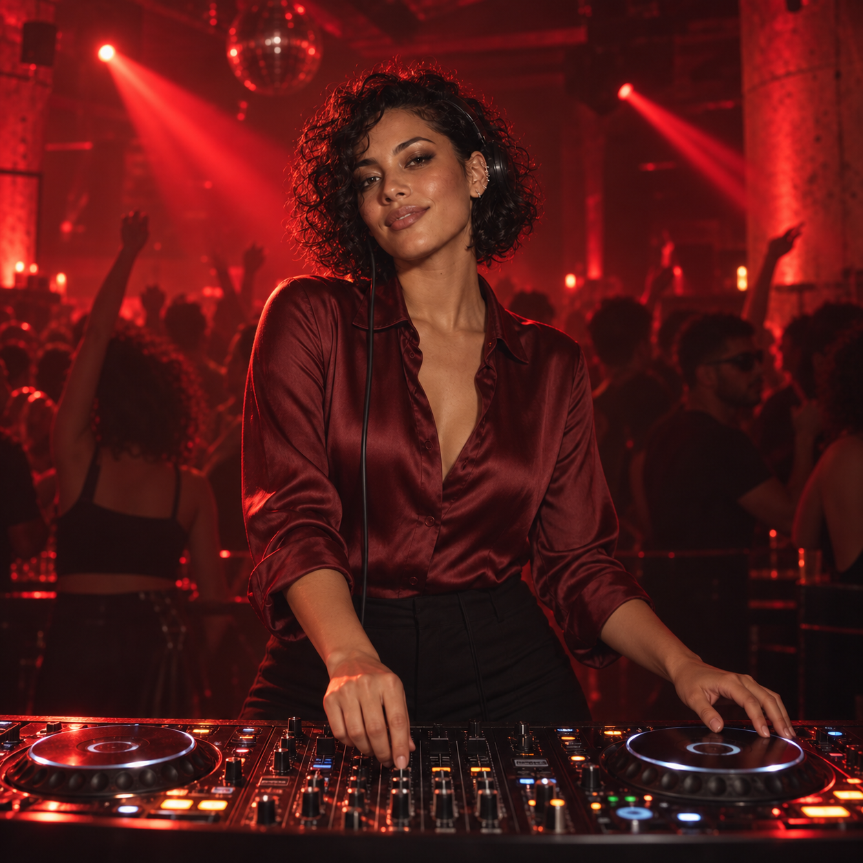 NYRA VELL fictional DJ, event square scene, AI-generated