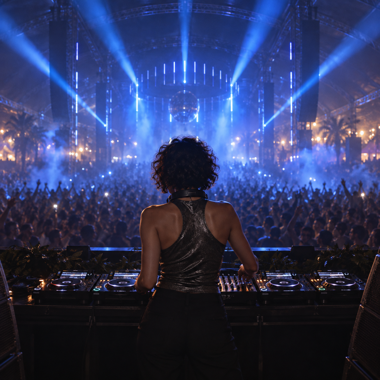 NYRA VELL fictional DJ, tile crowd scene, AI-generated