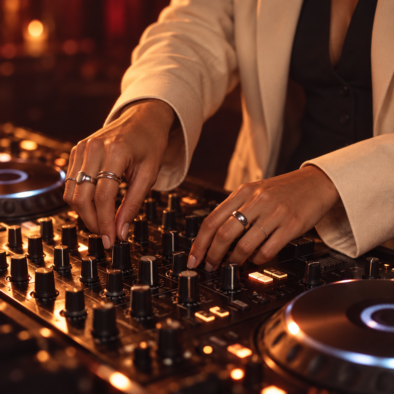 NYRA VELL fictional DJ, tile detail scene, AI-generated