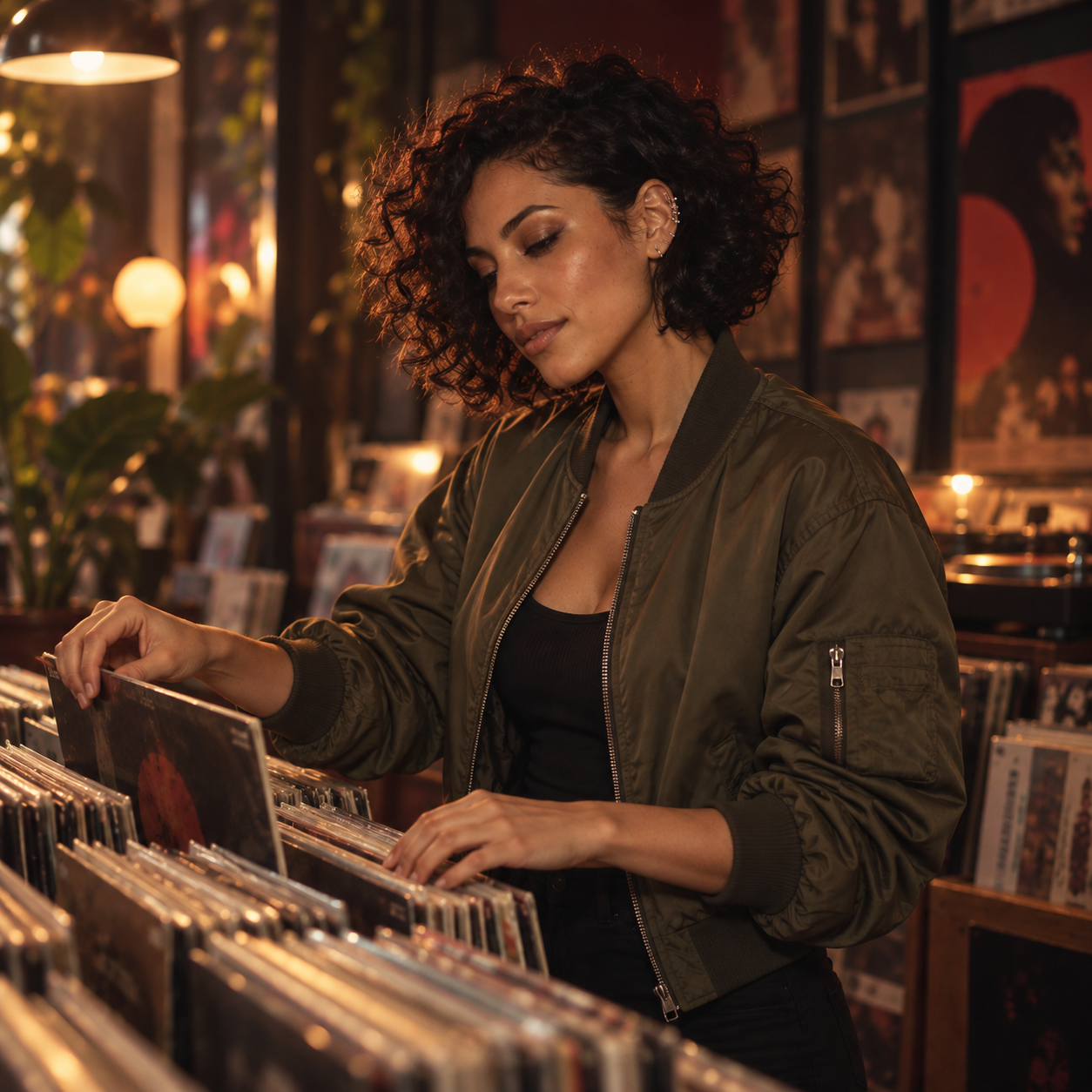 NYRA VELL fictional DJ, tile vinyl scene, AI-generated