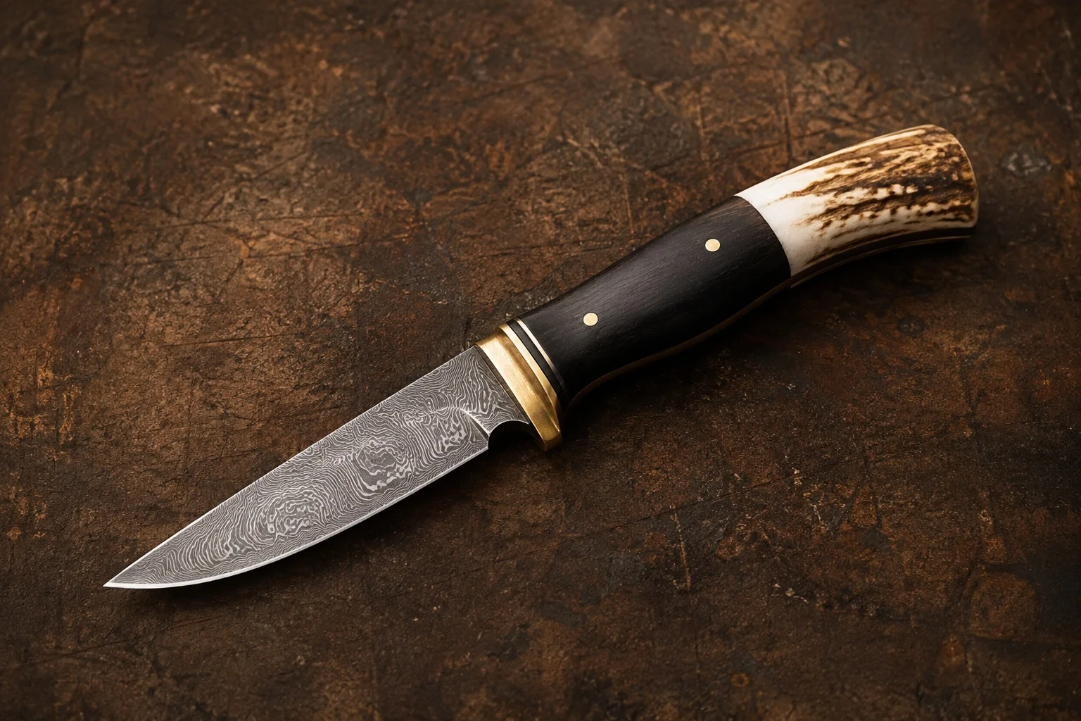 Small Damascus blade with natural antler handle