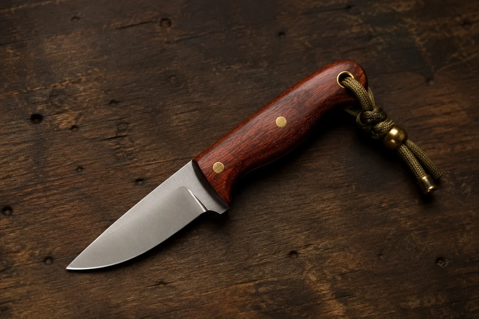 Small pocket EDC knife with red hardwood handle and paracord lanyard