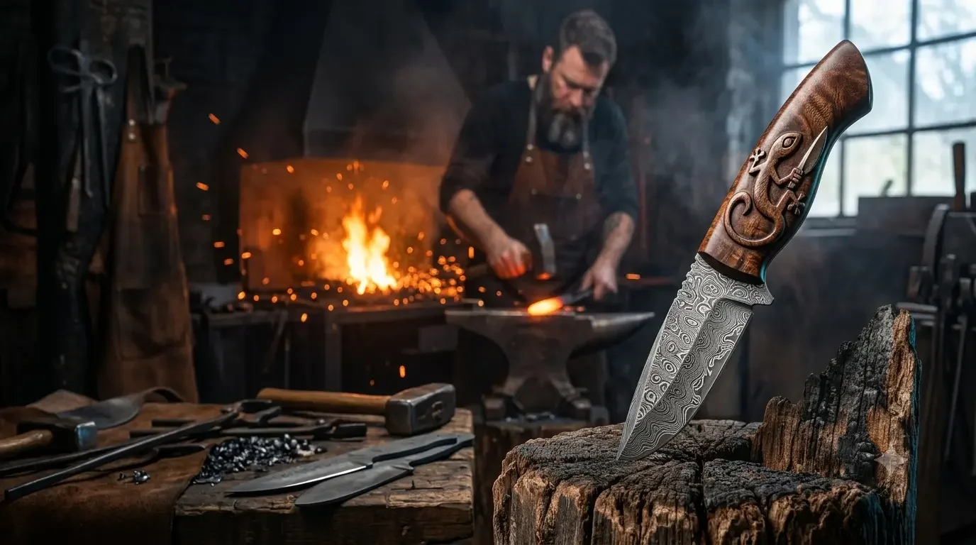 Bladesmith working at the forge behind a finished Damascus knife with a carved wooden handle