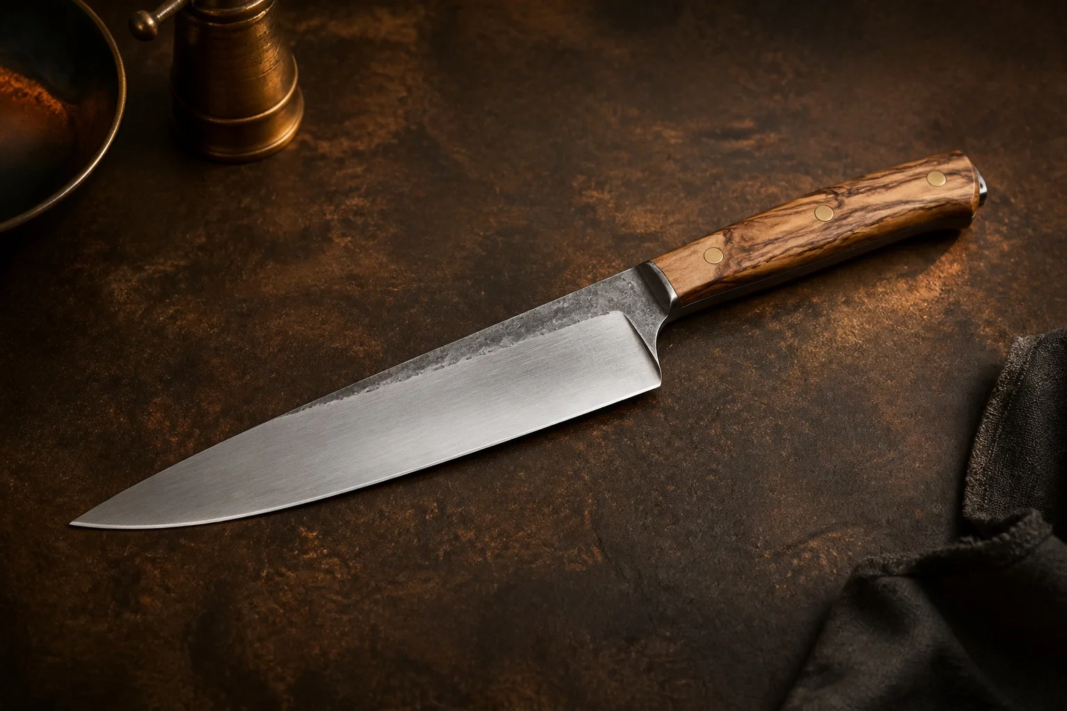 Chef knife with spalted olive wood handle