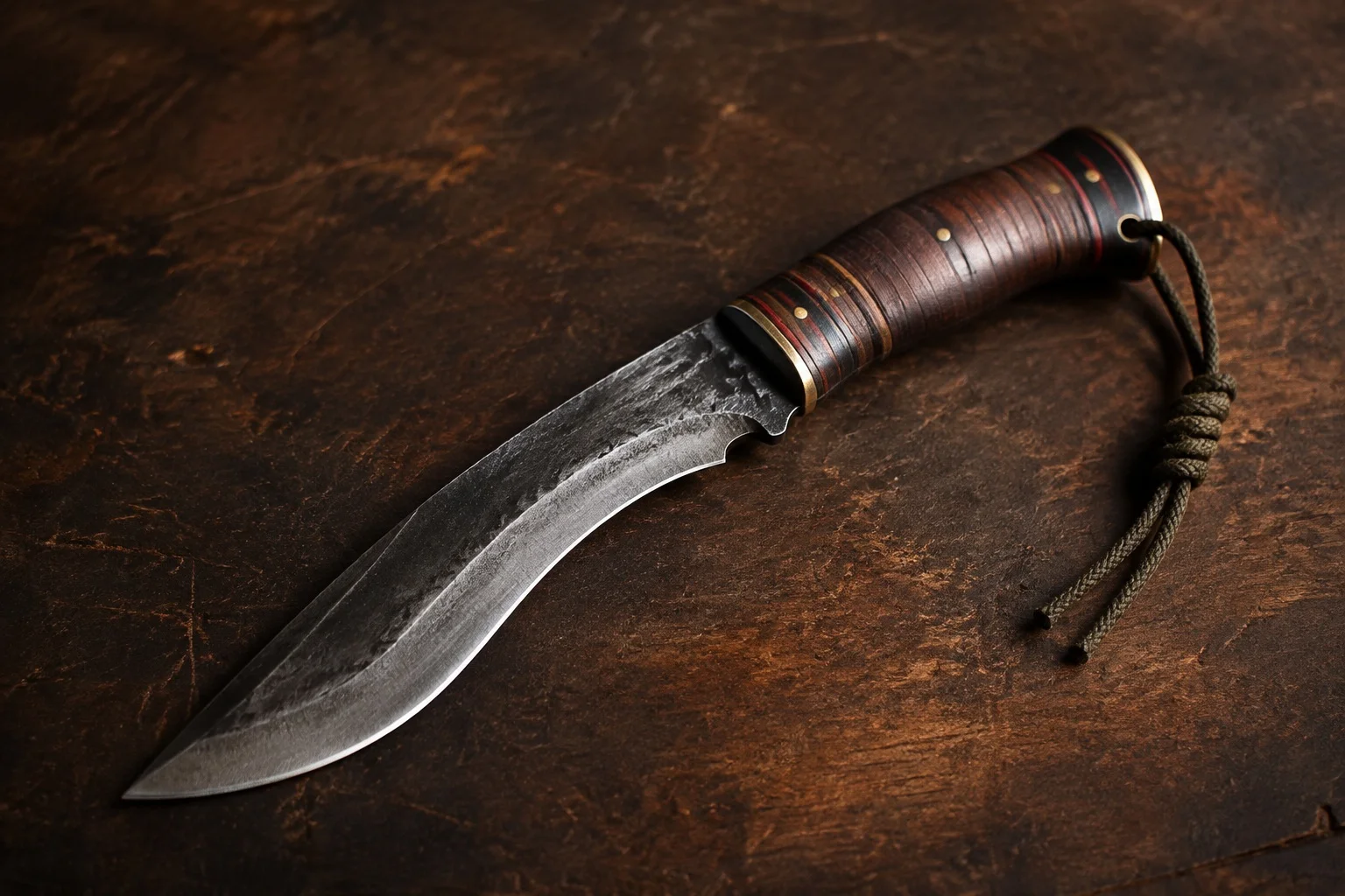 Kukri style field knife with banded wood handle and paracord lanyard