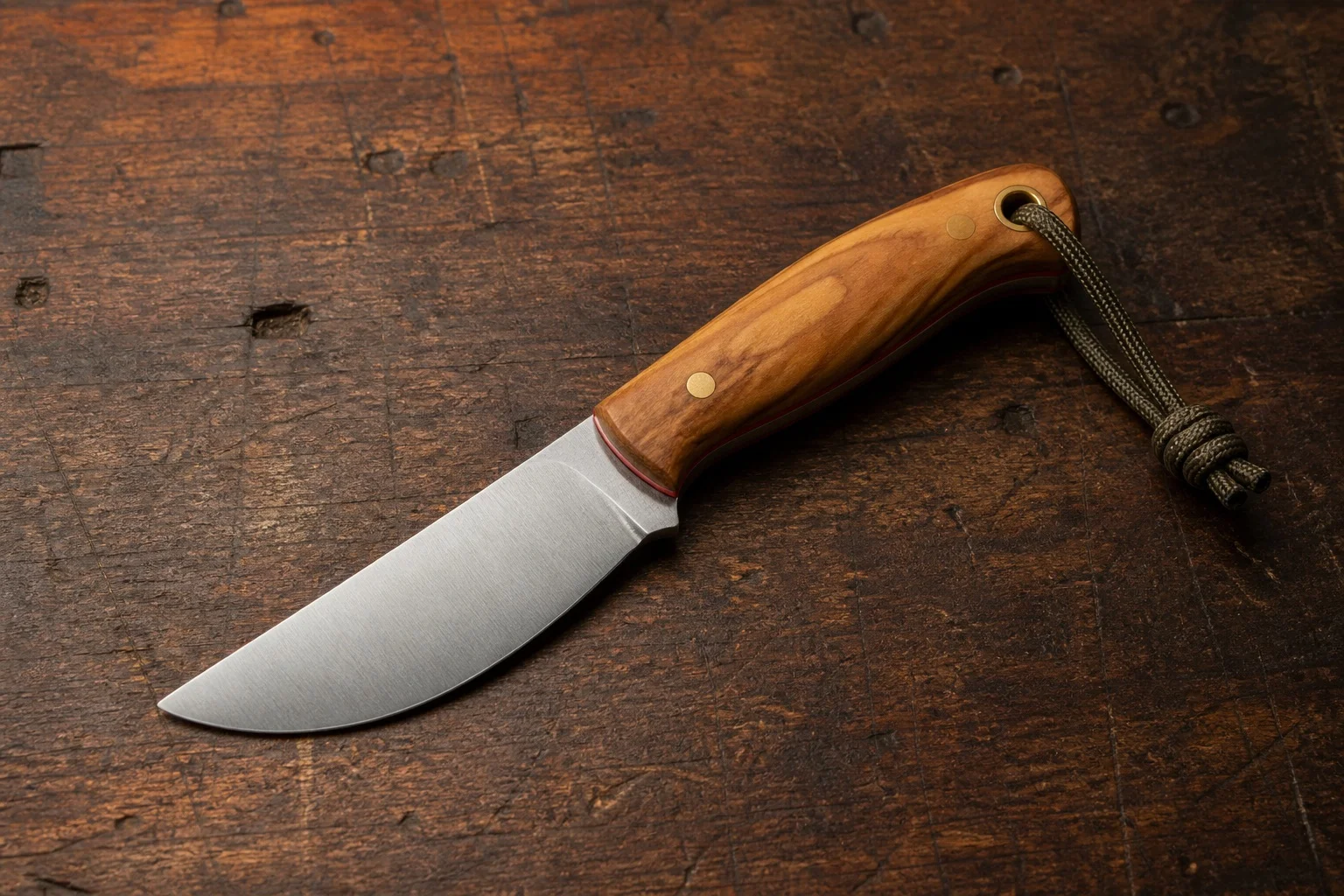 Bushcraft knife with olive wood handle and paracord lanyard
