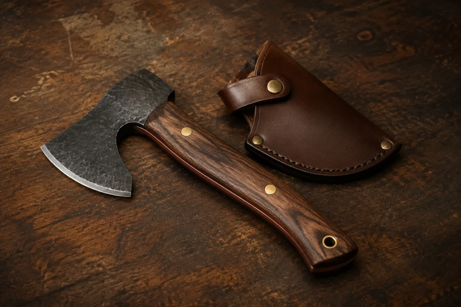 Hand-forged camp hatchet with wooden handle and leather sheath