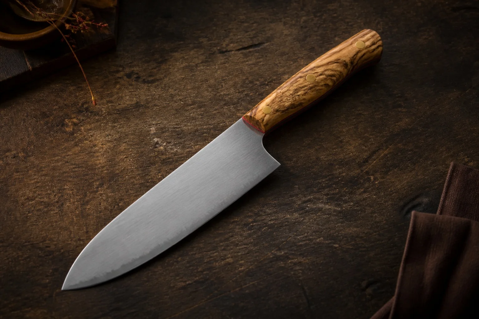Santoku style kitchen knife with olive wood handle and brass fittings