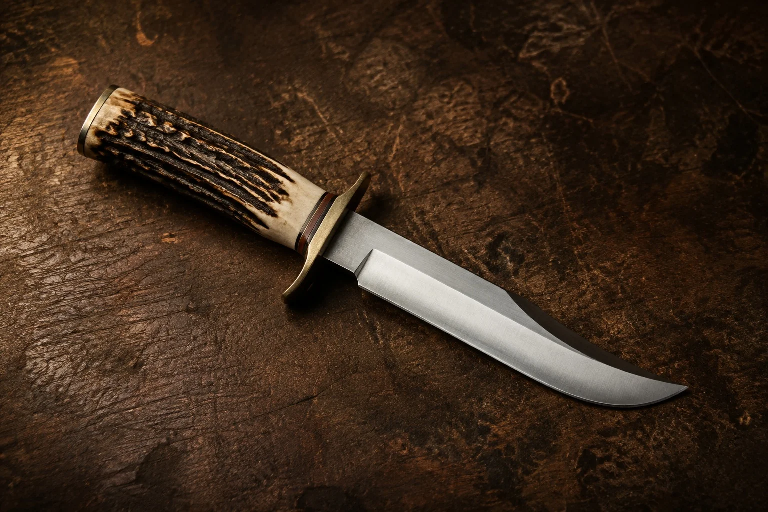 Large bowie knife with stag antler handle and brass guard