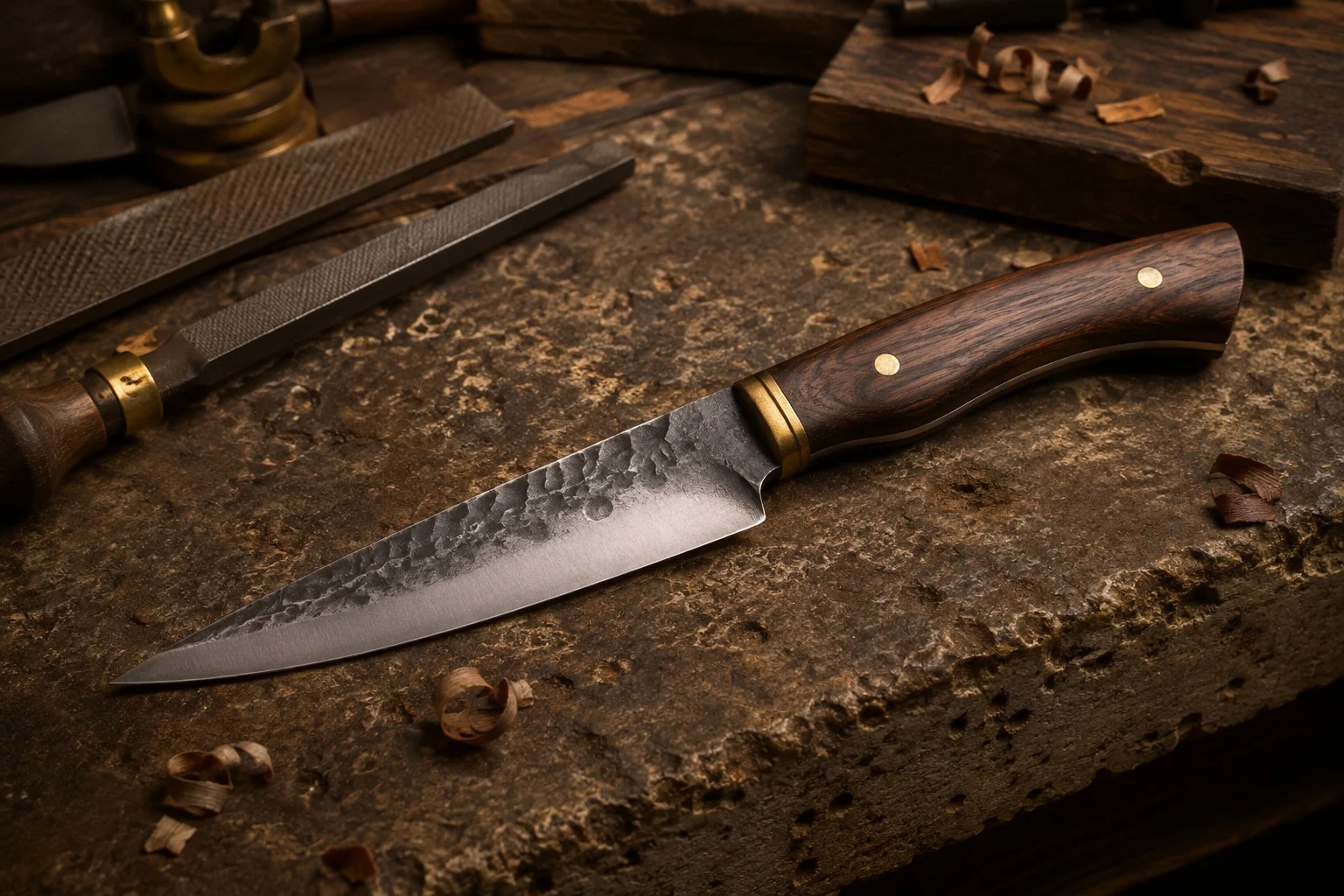 Hand-forged blade with dark walnut handle resting on a weathered wall