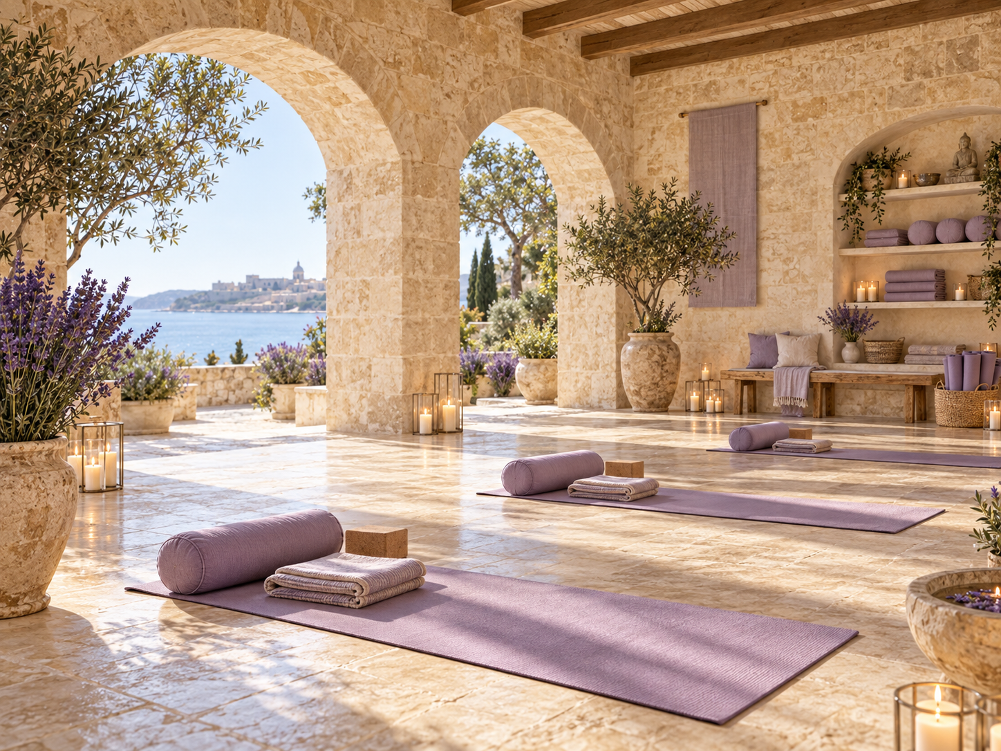 Limestone studio arranged with mats and candles